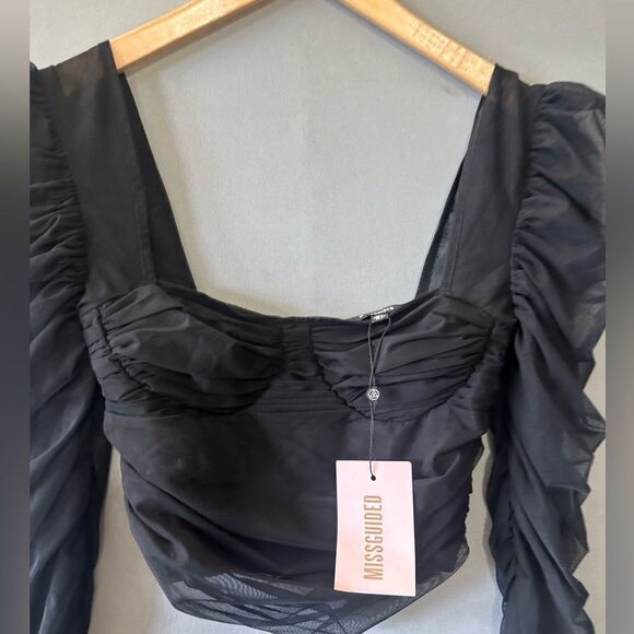 🎉5 for $45  🎉NWT Missguided Crop Top Blouse Shirt Mesh Size 2 Black - Picture 2 of 6